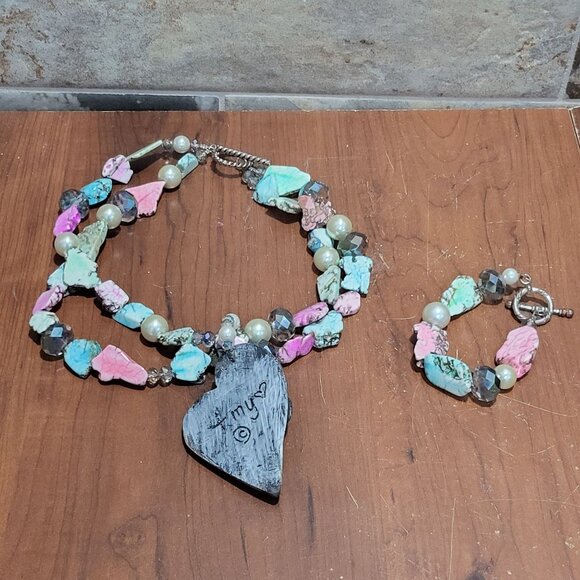 Double Strand Necklace Bracelet Set Double Mixed Pink Turquoise Stone Beads Cros - Picture 3 of 15